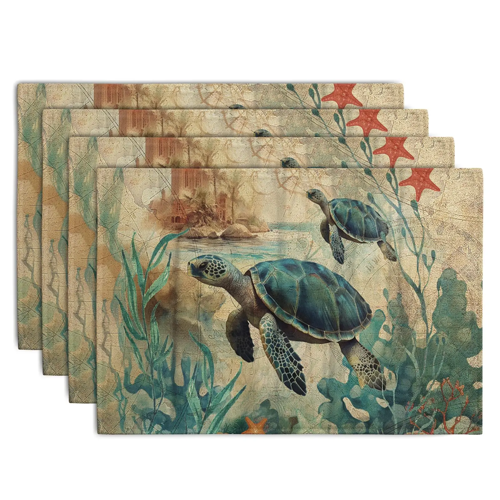 1PCS Turtle Placemats Printed Linen Placemat Decorative Table Mat Washable Place Mats for Dining Kitchen Farm House Decor