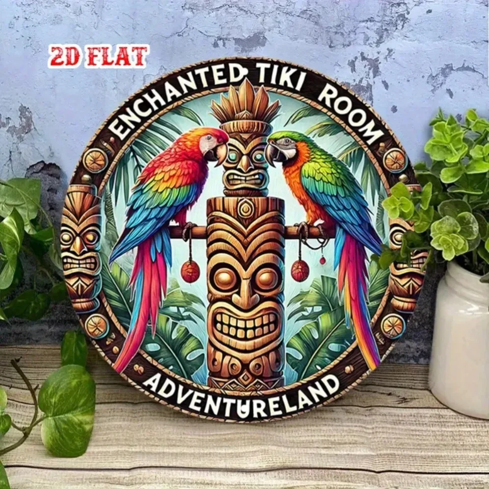 لافتة تيكي مسحورة ملونة - فن معدني مستدير، والببغاوات الاستوائية وديكور مغامرة الطوطم للمقهى والغرفة