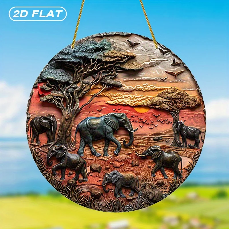 Vintage Round Metal Tin Sign, African Savannah Elephant Family Sunset Tree Relief Outdoor Home Wall Hanging Plaque