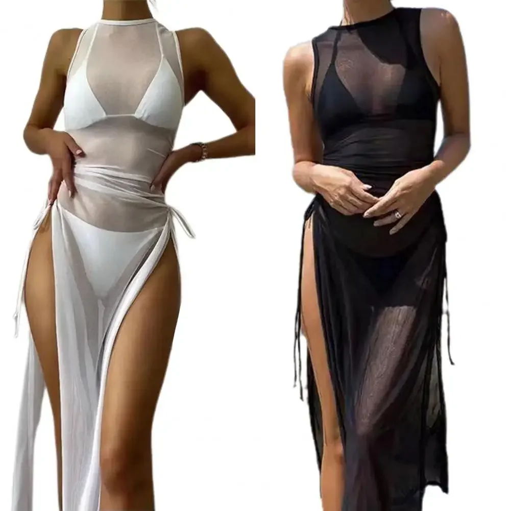 O-neck Side High Split Shirring Cover Up Dress Women Mesh Transparent Sleeveless Sunscreen Dress For Vacation