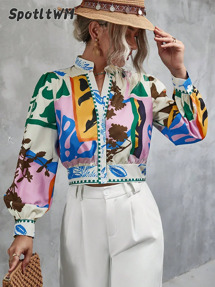 Elegant Contrast Color Colorful Printed Short Shirt Women Fashion Loose O Neck Long Sleeve Tops Spring Chic Lady Holiday Blouse