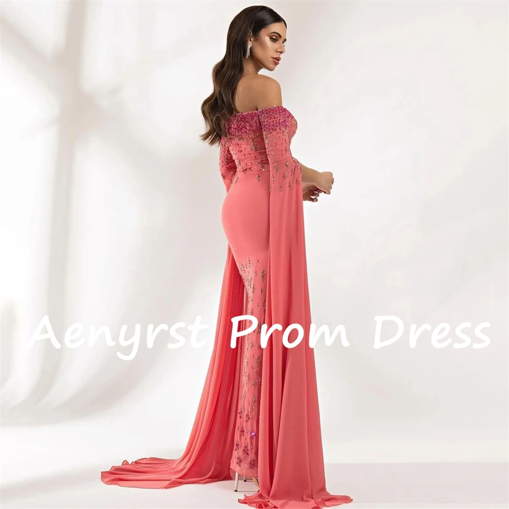 Aenyrst Watermelon Red Boat-Neck Beaded Prom Dresses customized Off The Shoulder Evening Gowns Half Sleeve Sequined Party Dress