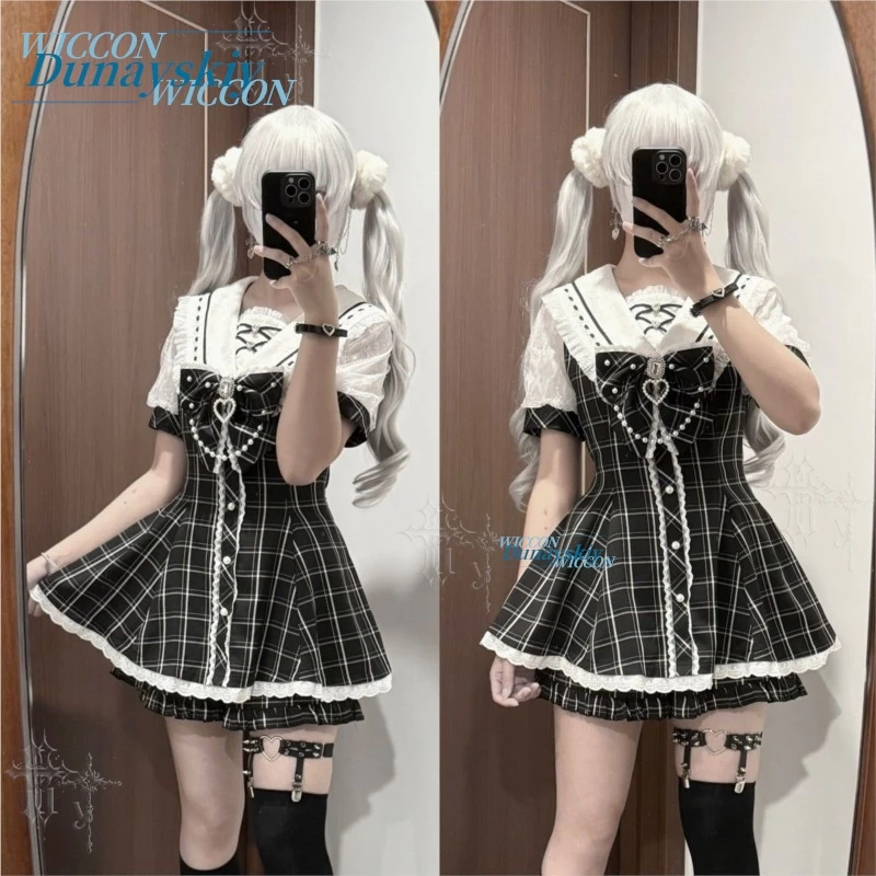 Sailor Collar Dress Set Lace Bow Short Sleeve Jirai Kei Original Japanese Sweet Lolita Mini Skirt Suit Summer Daily Cute Color view 5