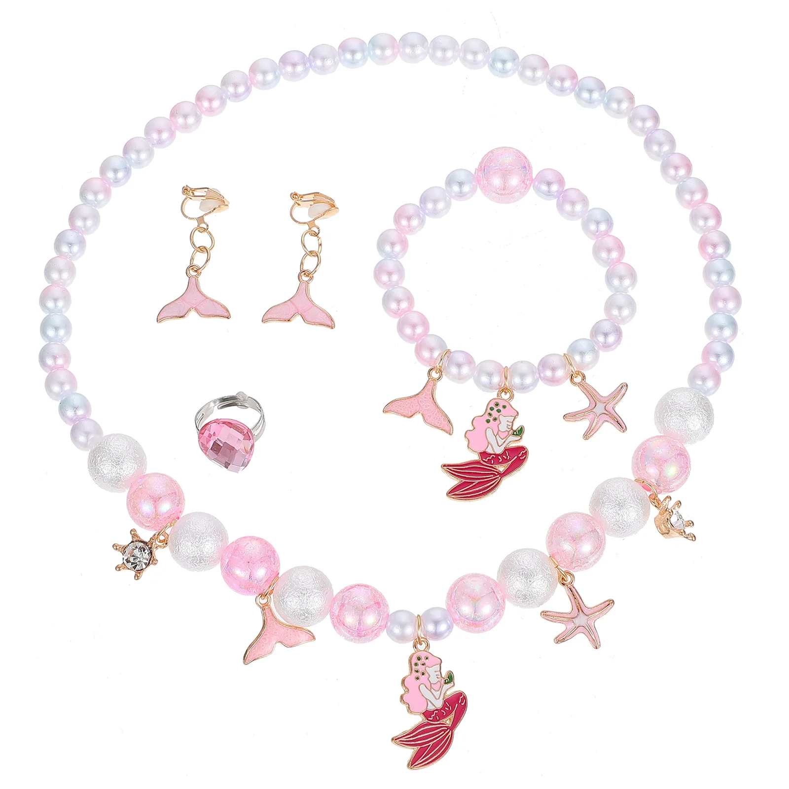

4Pcs Kids Cartoon Alloy Necklace Mermaid Pendant Colorful Beads Bracelet Ring Dangler Jewelry for Parties Travel Awards