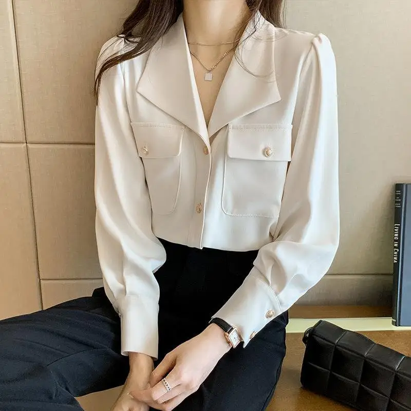 French V-neck High-end Chiffon Shirt for Women\'s Spring Autumn New Loose Slimming Casual Commuting Temperament Professional Top