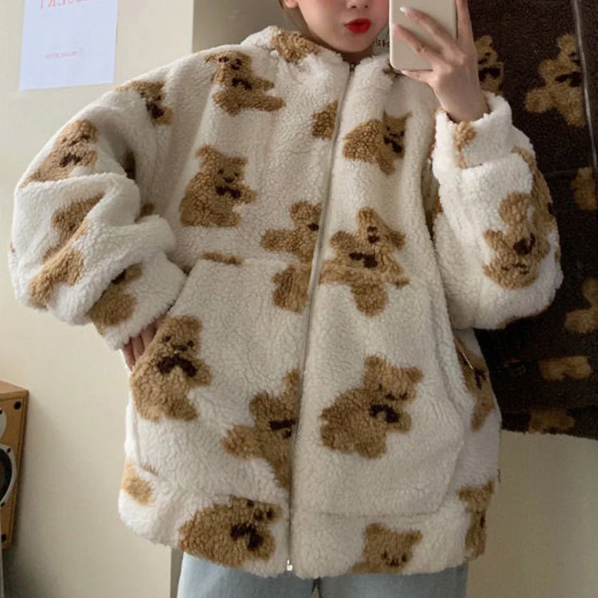 Harajuku heart-shaped printed plush jacket Women Korean version of the bear long-sleeved hooded jacket thickened warm couple str