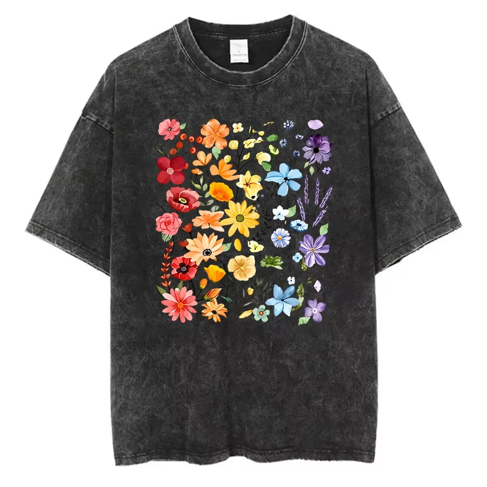 Purple Flower Graphic T-Shirt Washed Cotton Grow in Grace Letter Print Vintage Acid Wash Retro Streetwear Trendy Loose Fit Tee