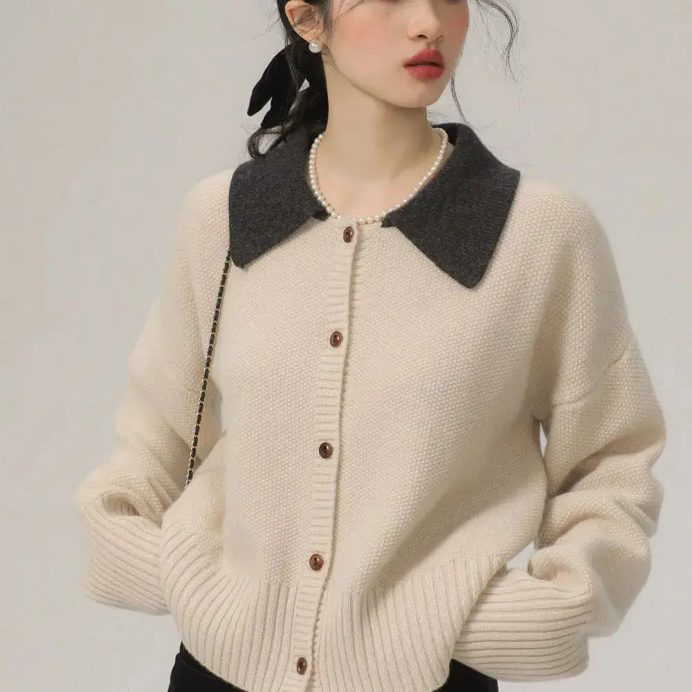 

Knitted Sweater Cardigan Contrast Color Lapel Single Breasted Women Cardigans Autumn Winter Vintage Sweet Korean Fashion Sweater