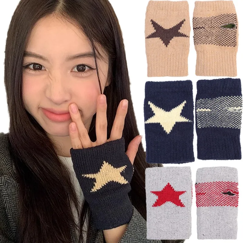 Knitted Woolen Gloves for Women Girls Y2K Stars Half Finger Gloves Mittens Winter Warm Punk Five Pointed Star Fingerless Gloves