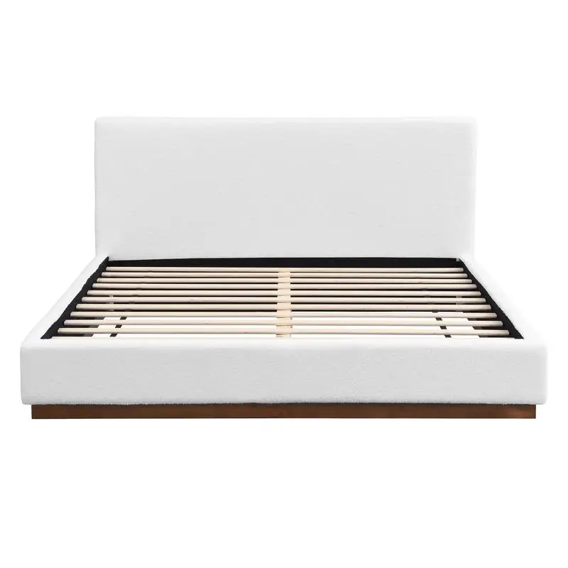 Cama estofada branca elegante com estrutura de base de madeira maciça texturizada de grão de madeira, tamanho Queen