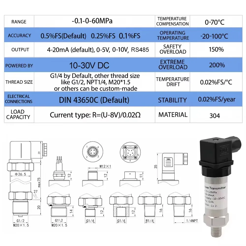 4-20mA 0-5V 0-10V Output -1-0bar 0-1bar G1/4 Vacuum Pressure Transmitter Transducer Sensor Controller 0.5% FS High Precision