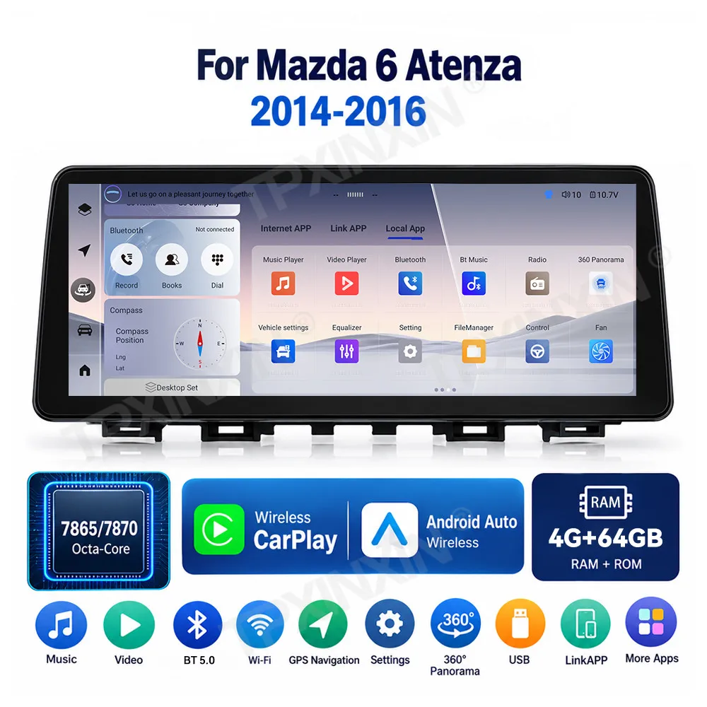 12.3“ Car Radio Screen For Mazda 6 Atenza 2014-2016 Qualcomm Chip 7865 or 7870 optional Android15 CarPlay Android Atuo Head Unit
