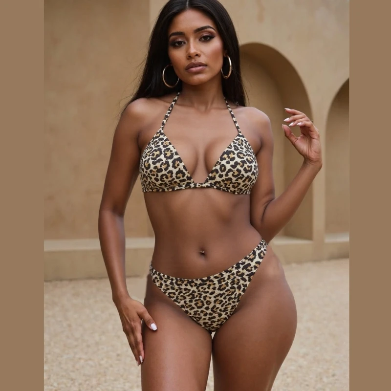 E8BF Leopard Print Triangle Swimsuit بما في ذلك ملخصات حمالة الصدر العليا ميزة النسيج الناعم