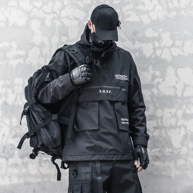 

New Tech wear Hip Hop Tactical Pullover Jacket with Many Pockets Men Half Zipper Outdoor Motorcycle Sport Windbreaker Coat