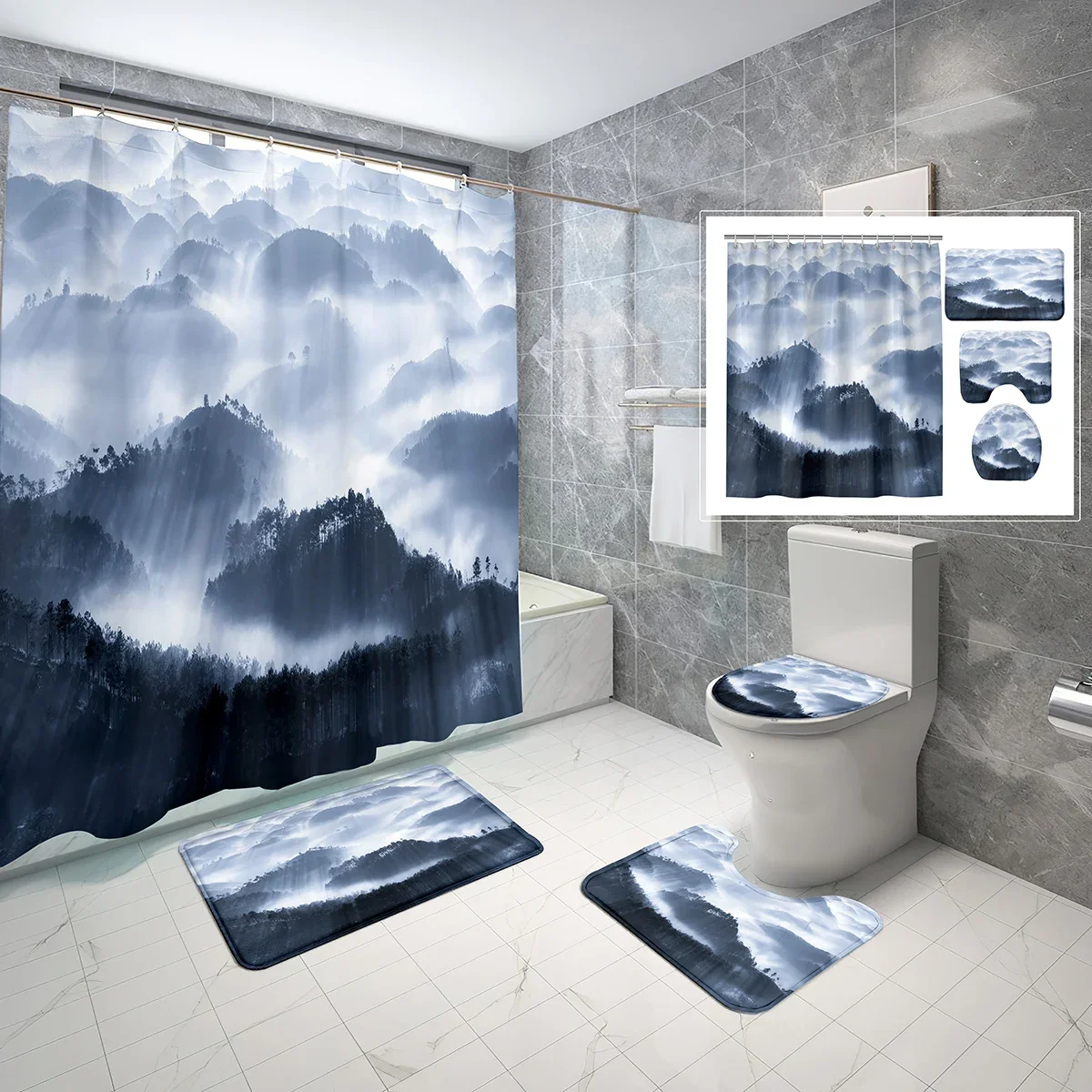 

4 шт., наборы занавесок для душа с туманным лесом, водонепроницаемая занавеска для ванной комнаты с утренней зимой природы, нескользящий коврик для ванной, набор чехлов для унитаза