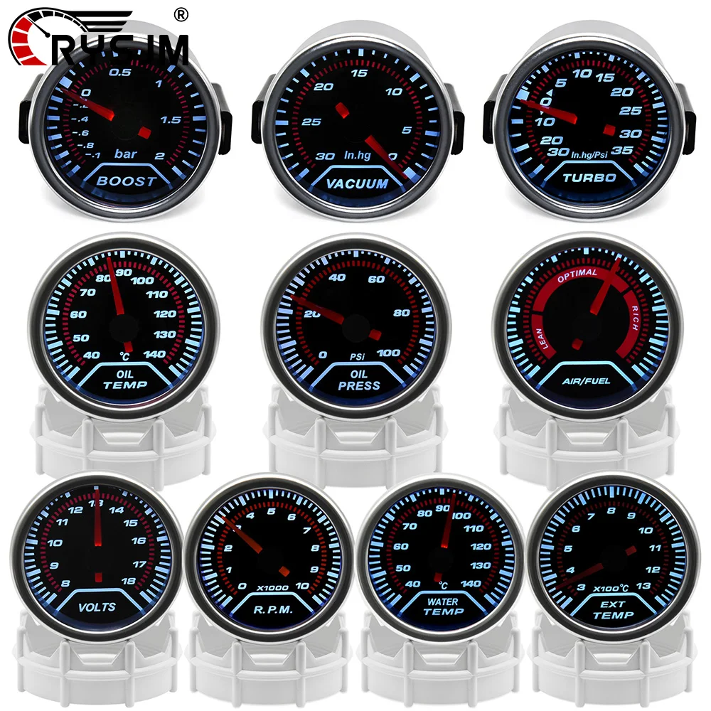 

52mm Smoke Len Racing Gauge Turbo Boost Gauge Tachometer Oil Temp Meter Water Temperature Oil Pressure Gauge voltmeter For 12V