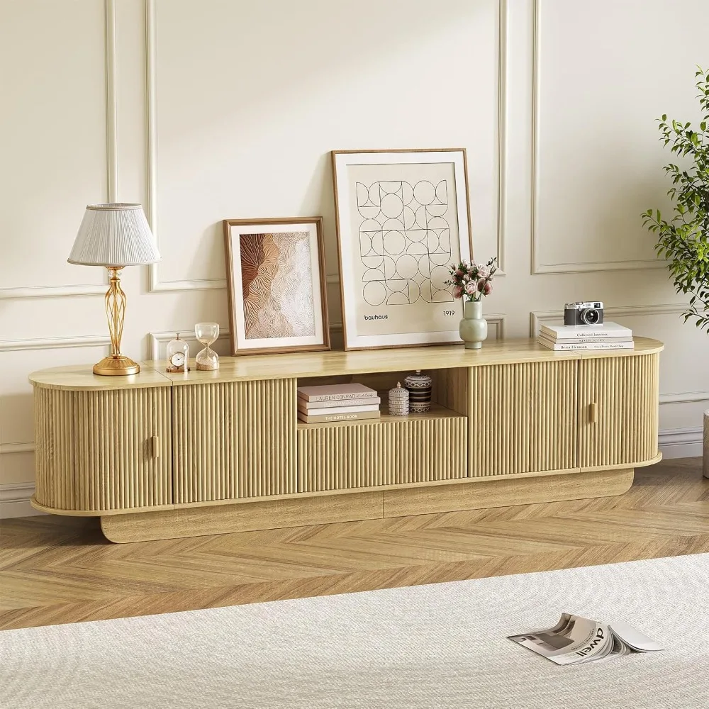 

Подставка для телевизора Tambour 86,61 дюйма для 55-85 дюймов, современный развлекательный центр с большим шкафом для хранения и открытыми полками, ТВ-консоль с