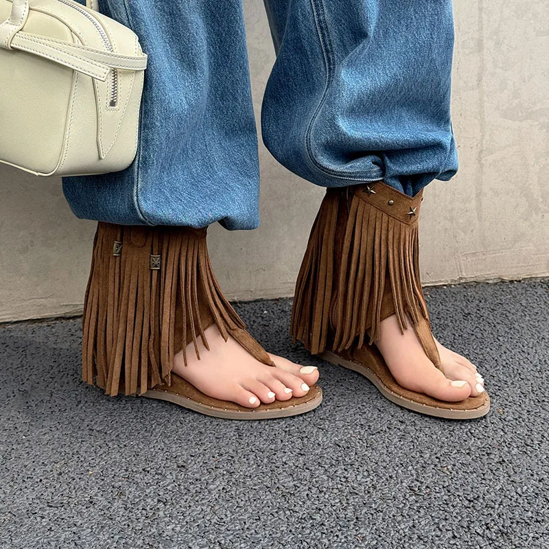

Arden Furtado Summer brown suede Tassels boots Round toe Pinch toe Side zipper Wedges Rivet Cool boots Short boots Large size