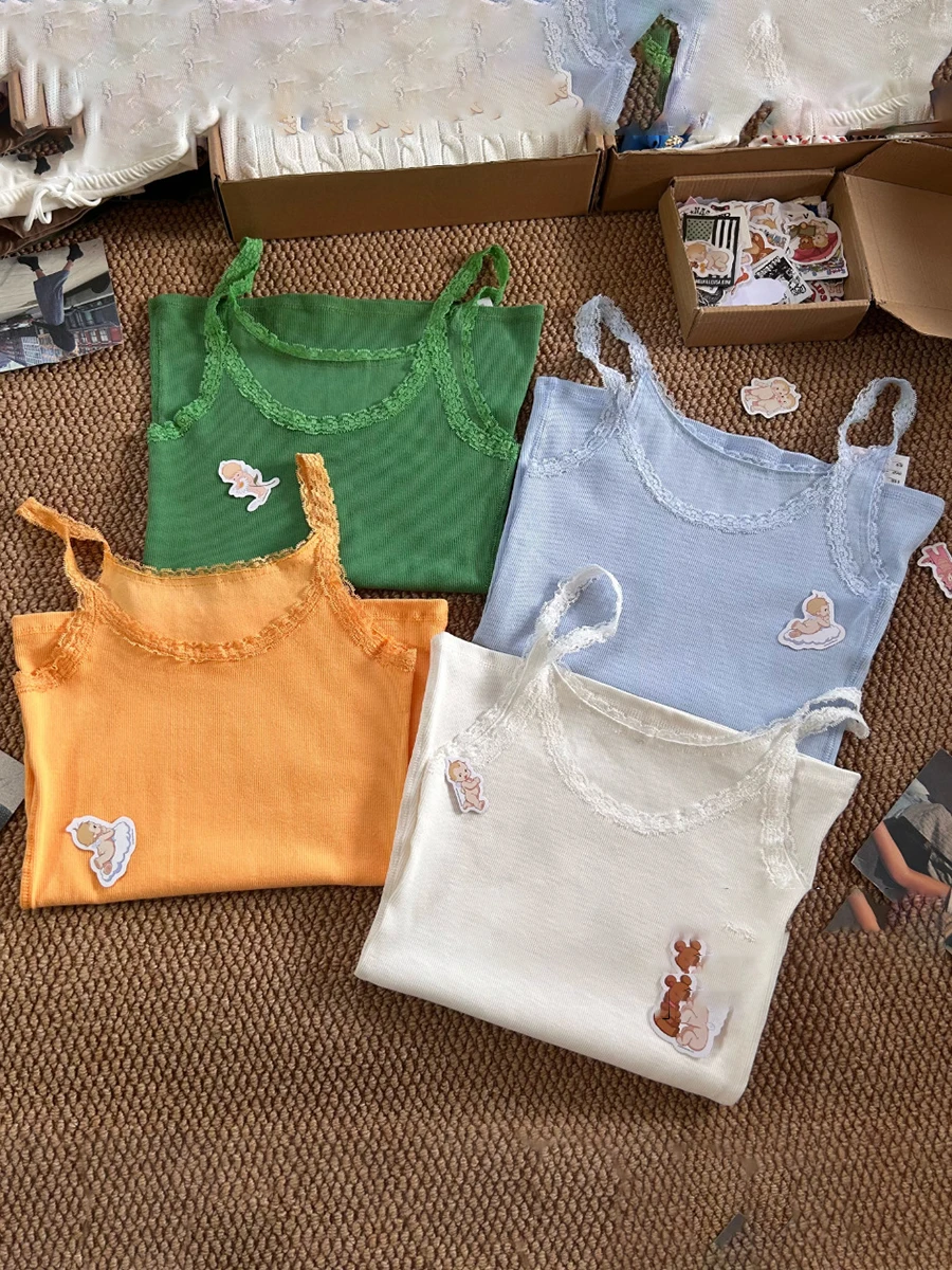 Lace Trim Multiple Colors Ribbed Tank Top Woman Summer U Collar Cotton Sleeveless Camisole Sweet Simple Slim Basic Vest Y2k Tops