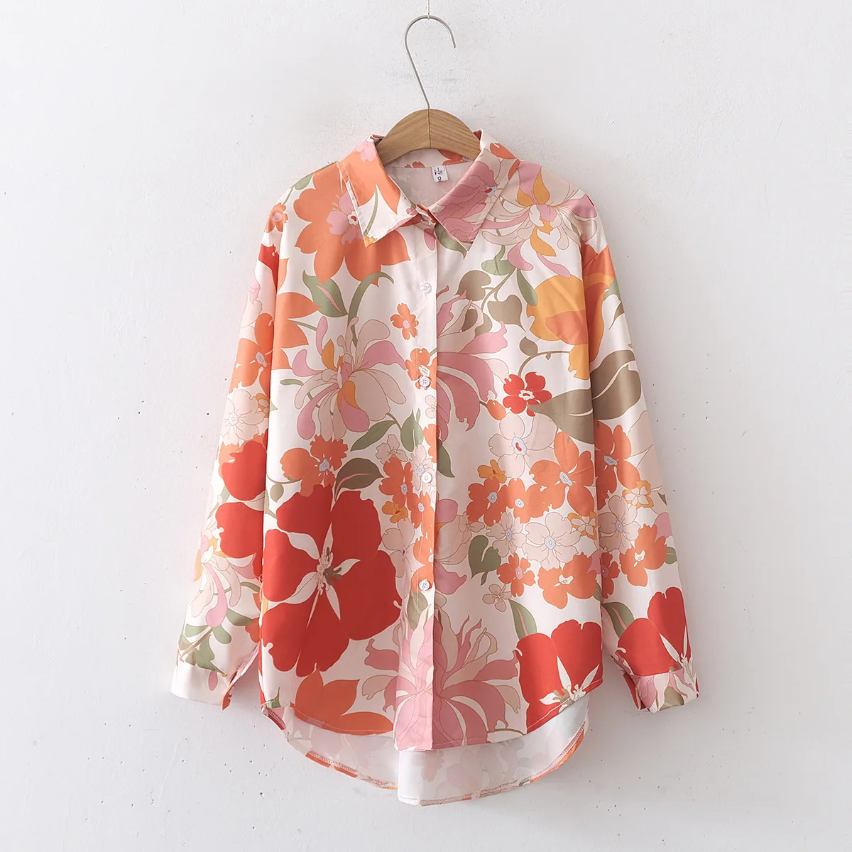 #3015 Spring Floral Printed Shirts Women Loose Polo-Neck Vintage Asymmetrical Womens Tops And Blouses Long Sleeve France Style