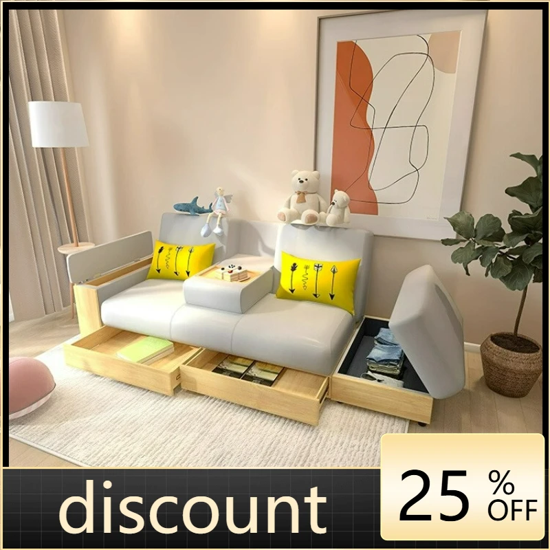 LTT small apartment living room with drawers storage can be stored multi-functional three-person fabric sofa bed