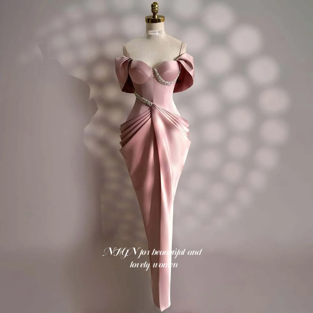 

NFYN Mermaid Special Occasion Dress Pink Evening Dress with Pleats Beading Off Shoulder Party Dress for Women Customized