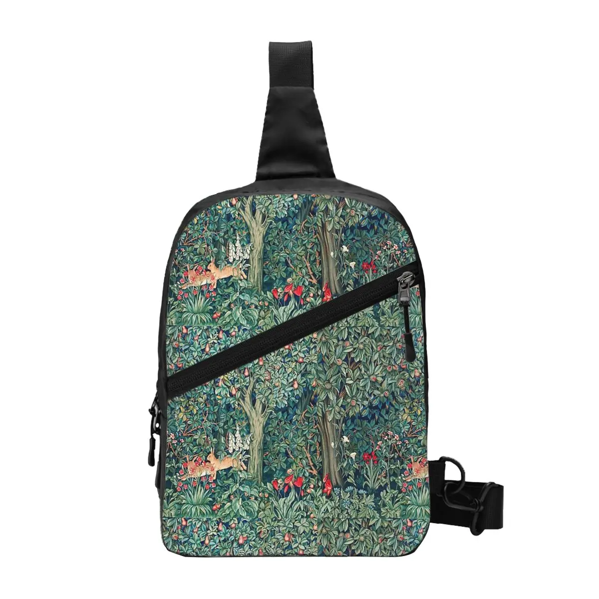 

GREENERY, FOREST ANIMALS Hares Blue Green Red Floral Tapestry Chest Bag Men Sling Crossbody Backpack Chest Bag Shoulder Bag