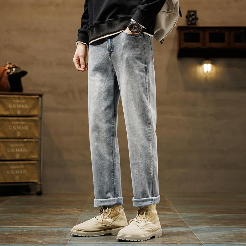 Pantalones vaqueros holgados con bolsillos de cintura alta para hombre, pantalón Vintage de moda, con botón degradado sólido, para primavera y otoño