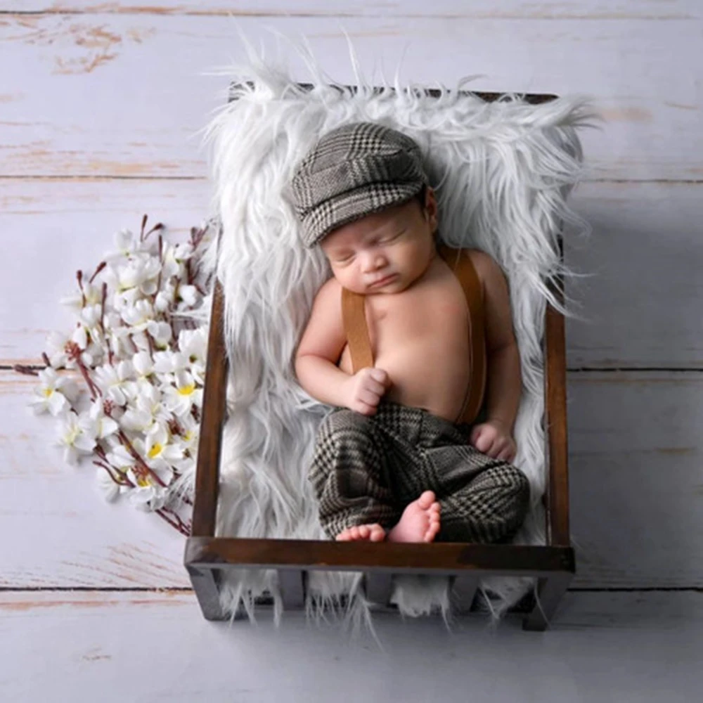 Newborn Photography Outfit Baby Houndstooth Suspender Pants and Beret Set Infant Photo Props Vintage Newborn Photography Costume image 6