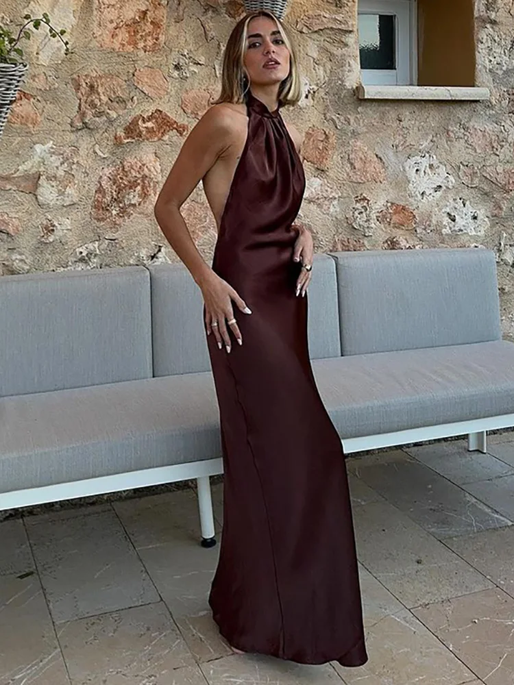 Wedding Guest Elegant Long Dresses For Women Summer Satin Maxi Dress Halter Neck Sexy Backless Date Night Evening Party Dress