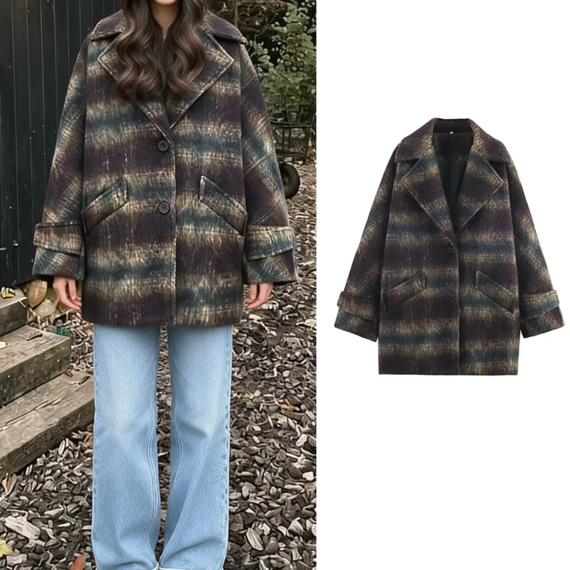 

Women's Woolen Coat 2025 Autumn Winter New Fashion Women Long Sleeve Button Checkered Overcoat Women High Street Leisure Coats