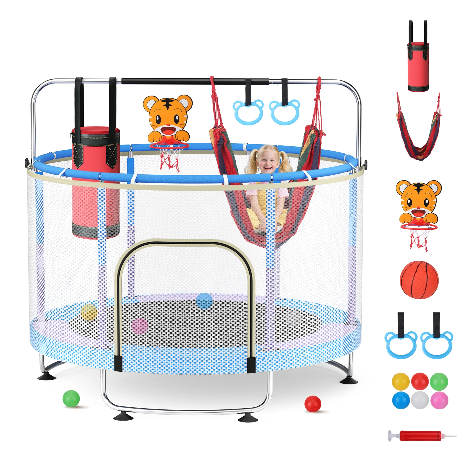 Trampoline pour enfants de 150 cm, trampoline réglable pour bébé en bas âge avec cerceau de basket-ball, balançoire, sac de sable, balles d'océan, 330 lb intérieur et extérieur