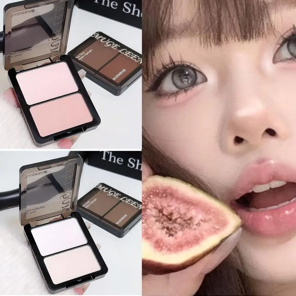 2-kleuren Blush Palette – Highlighter & Blush Compact Shadow, Blusher Shadow, Alles-in-één Highlight Brighten Powder Neusplaat L6W9