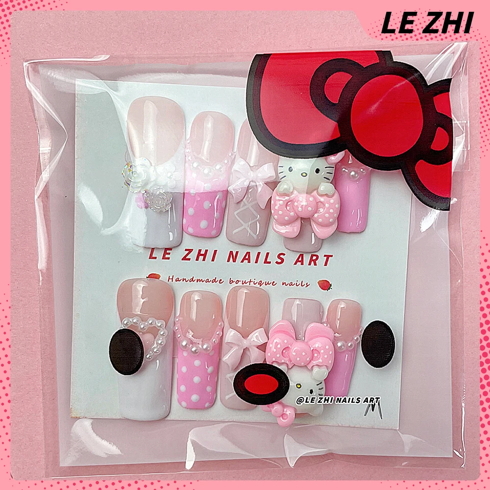 French Pearl Ballet Dancer Hello Kitty Artifical Full Cover Nails 3D Stereo Rose Bowknot Long Square Kawaii Pink Handmade Nails