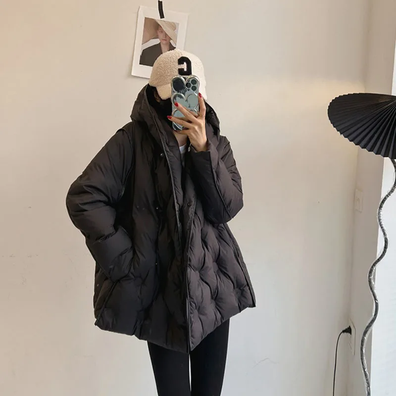 Women White Duck Down Jacket with Hood Warm Autumn Winter Argyle Outwear Solid Color Luxurious A-lined Coat 2024 New