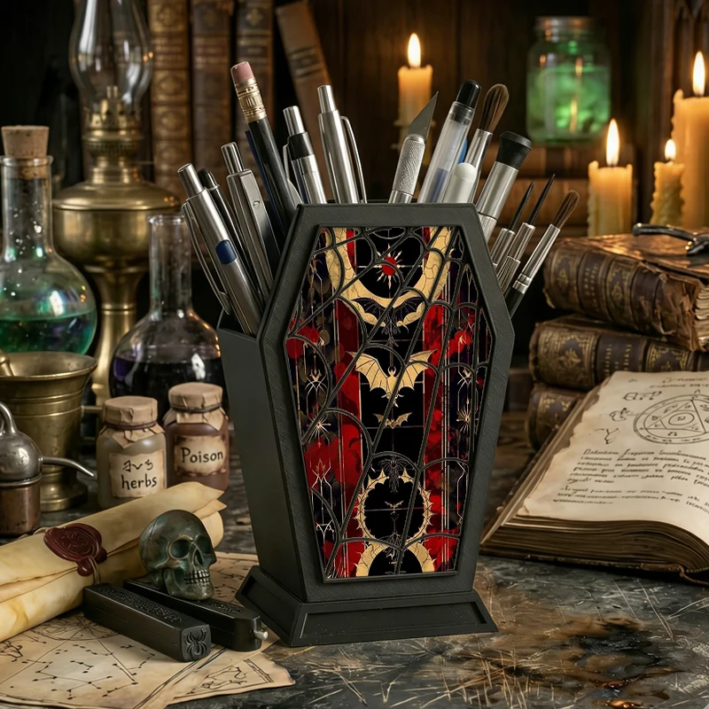 Gothic Coffin Pen Holder with Red Gold Bat & Moon Print & Spider Web-Spooky Vampire Desk Organizer for Halloween & Dark Academia