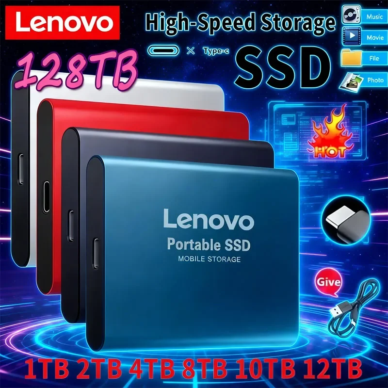 

Внешний твердотельный накопитель Lenovo 1 ТБ, высокоскоростной жесткий диск 2 ТБ, портативный SSD USB 3.1 256 ТБ, 128 ТБ для ПК/ноутбука/Mac/телефона