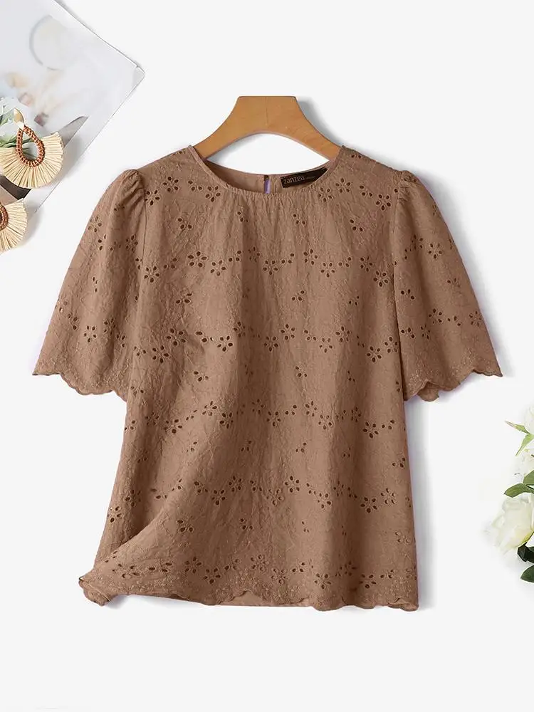 ZANZEA Summer Korean Fashion Blusas Elegant Women Short Sleeve Solid Blouses Lace Patchwork Hollow Out Embroidery Shirts Tops