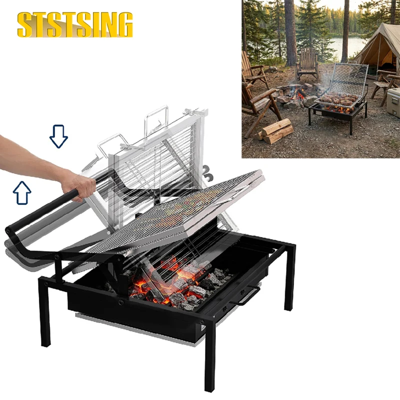 1PCS 360° Rotating BBQ Grill, Portable Outdoor Stainless Steel Charcoal Grill, Stainless Steel, Easy to Carry