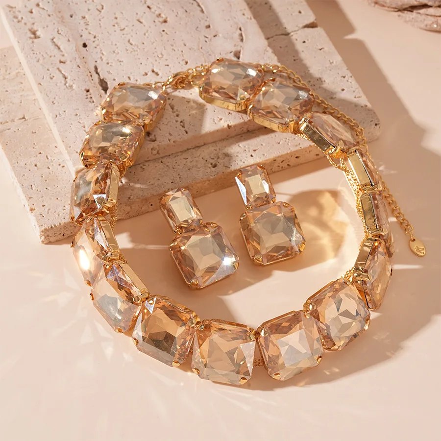 3 Pcs Large Full Rhinestone Square Necklace Earrings Jewelry Set Exaggerated Choker Necklaces Luxury Wedding Party Accessories