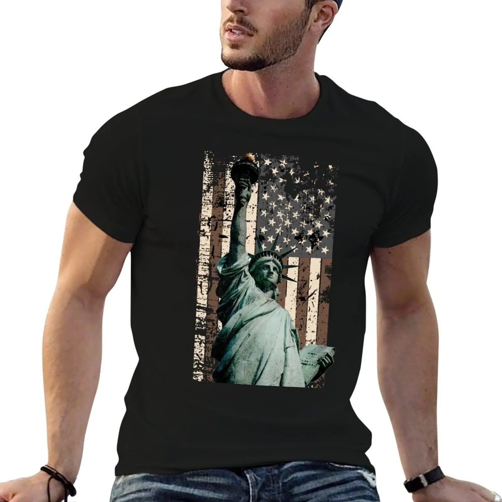 

Statue Of liberty And American Flag T-Shirt t shirt men 100% cotton luxury brand printed t shirts for man T-Shirt