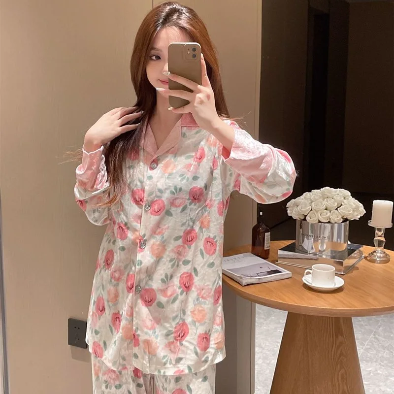 

Luxury Loungewear Lapel Shirt&pants 2Pcs Gold Velvet Pajamas Suit Nightwear Women Home Clothes Autumn Winter New Sleepwear