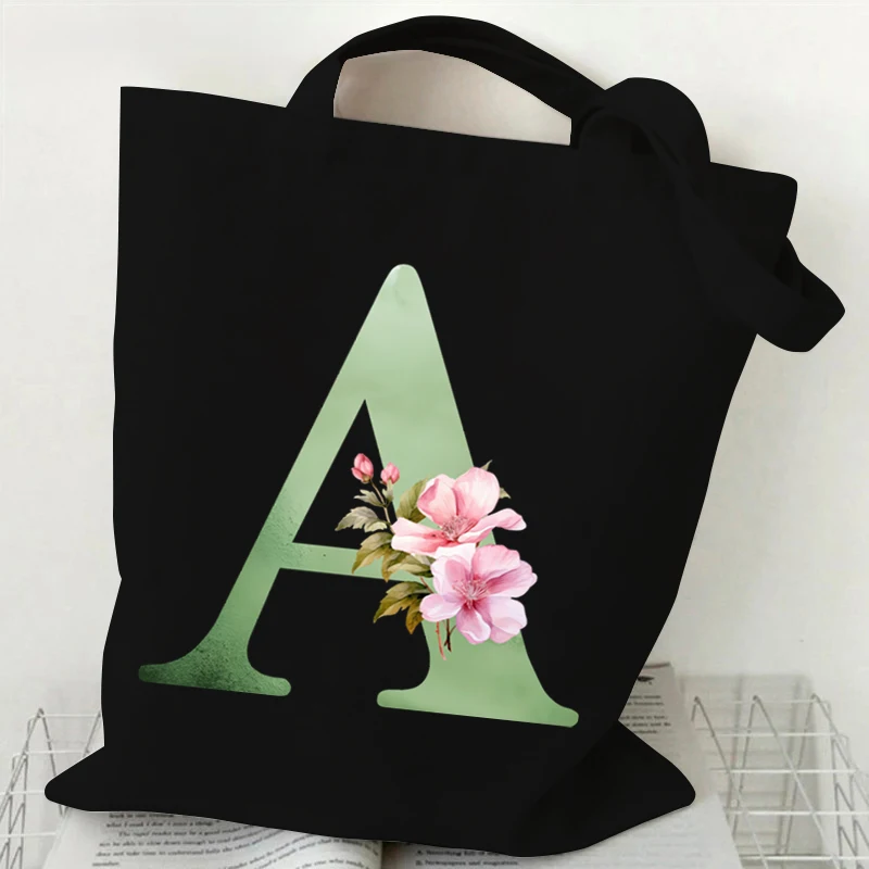 Green Letters Lotus Pattern Casual Tote Bag Women Shoulder Bag Flower Style 26 Alphabet Shopping Bags Teen Handbag Bolsa Mujer