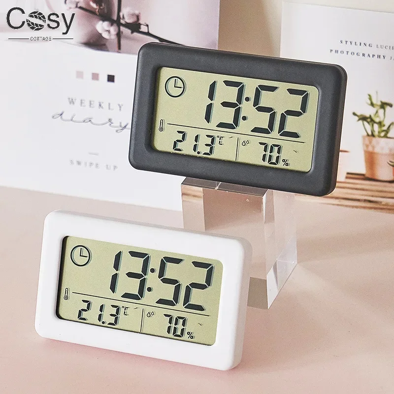 Wall Mounted LCD Mini Digital Clock Temperature & Humidity Display Portable Desk Clock Led Clock Slim Small Alarm Clock