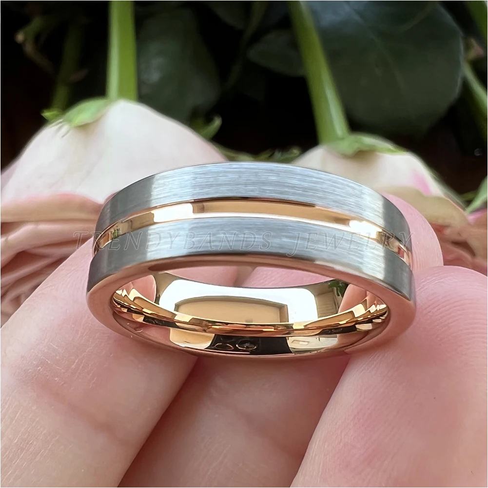 6mm Men\'s Women\'s Rings Tungsten Wedding Band Rose Gold Color With Brushed And Center Grooved Finish Comfort Fit