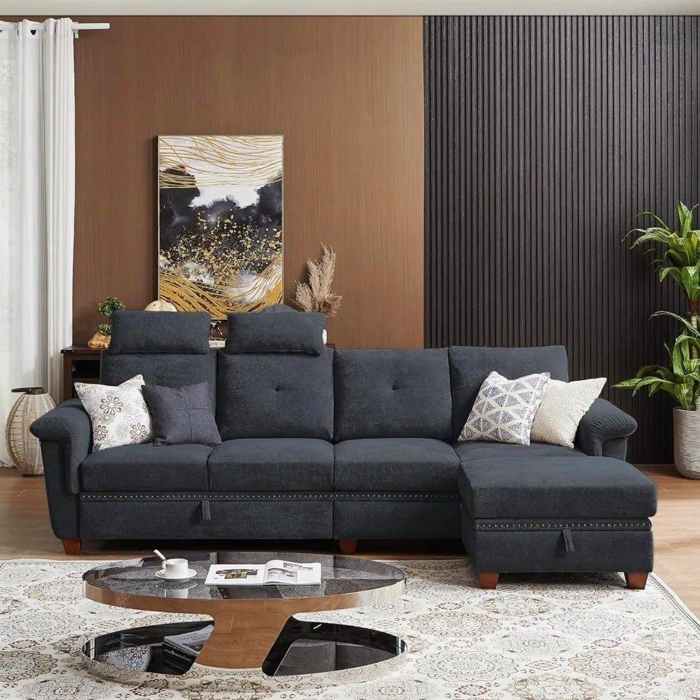 Sectional Sofa Couches for Living Room, Convertible L Shaped Couch Modular 4 Seat Sofas with Storage Chaise & 2 Cup Holders,