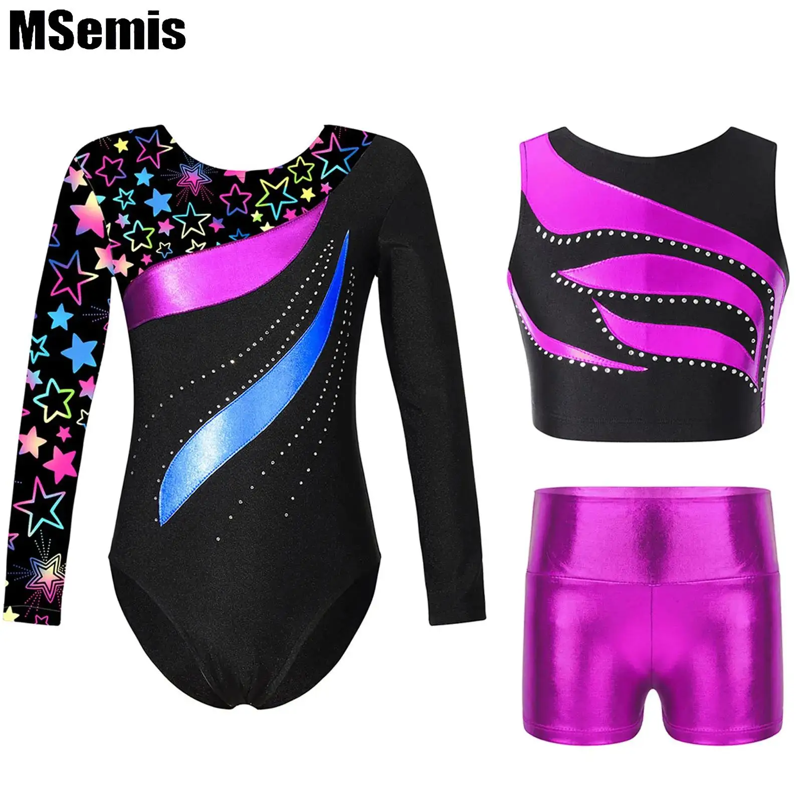 

Kids Girls Dance Outfit Long Sleeve Patchwork Dance Leotard with Shiny Rhinestone Decorated Crop Top And Metallic Shorts