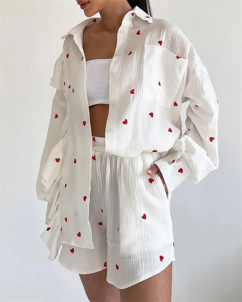 

Jacquard Heart Print Long Sleeve Blouses and Shorts Set Summer Casual Loose Turn Down Collar Shirt Female Cotton Short Outfit