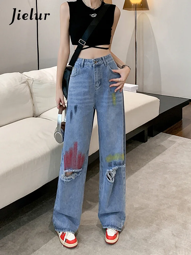 

Jielur New Ins Holes Chic Women Jeans High Waist Loose Slim Straight Leg Jeans Woman Fashion Street Denim Wide Leg Pants Female