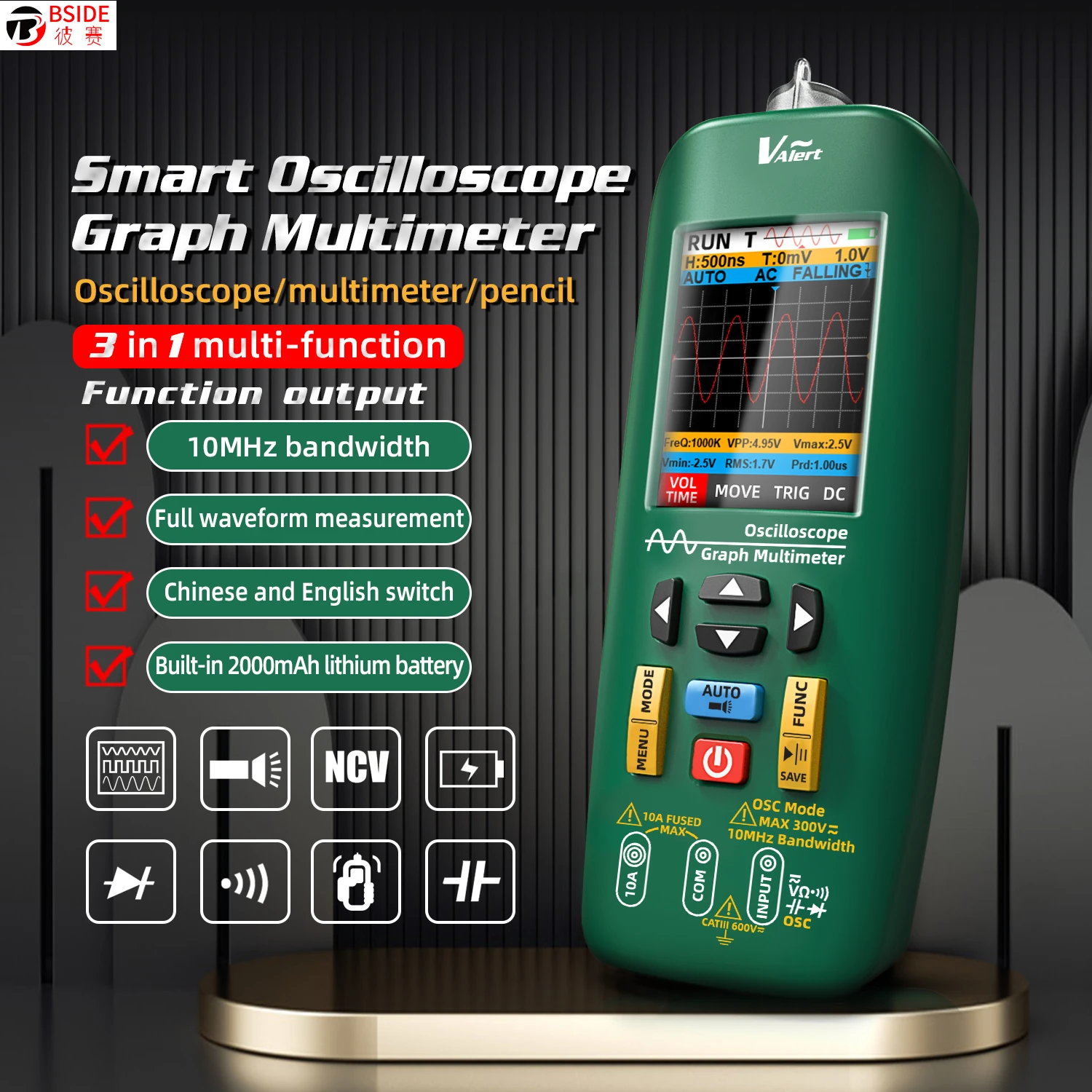 

BSIDE Handheld Digital Oscilloscope Multimeter, 10MHz Bandwidth with 48MSa/s Sampling Rate, Capacitance Diode Amp Ohm Continuity